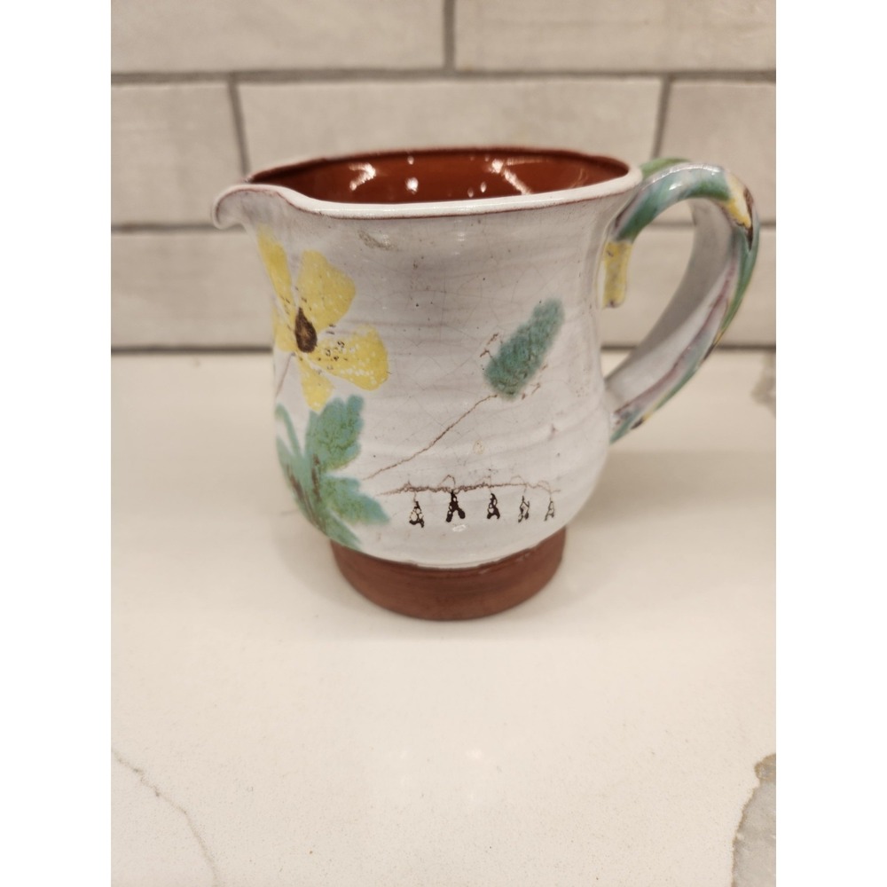 Vintage Redware Folk Art Pottery Small Pitcher 5" Hand Painted Florals‎ Signed
